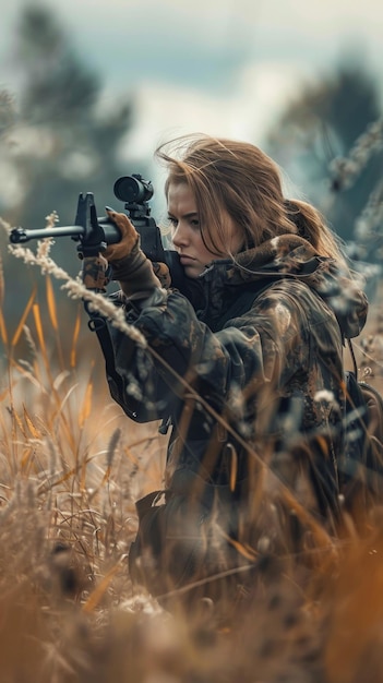 A woman is holding a gun and looking at something in the distance