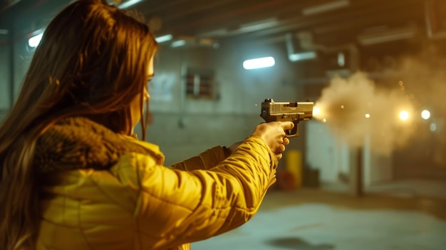 Photo a woman is holding a gun and shooting in a dark room