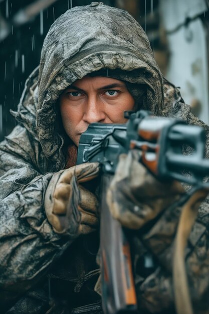 Woman is holding gun while wearing camouflage coat