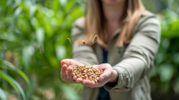 A woman is holding a handful of tiny hardy seeds that could potentially be the key to creating a