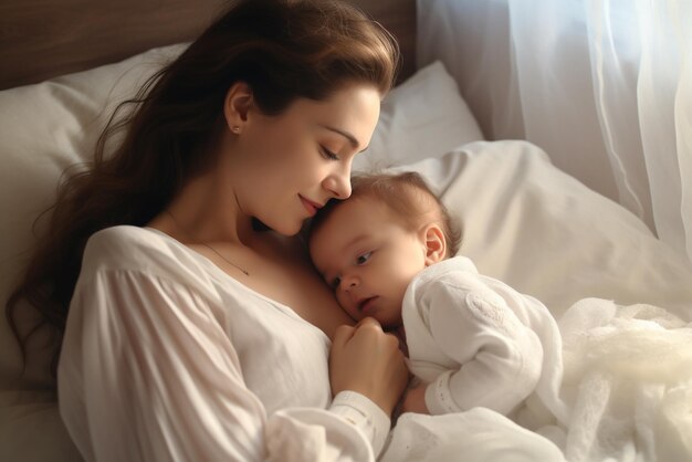 Photo woman is holding her baby in bed