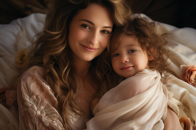 Photo woman is holding her baby in bed