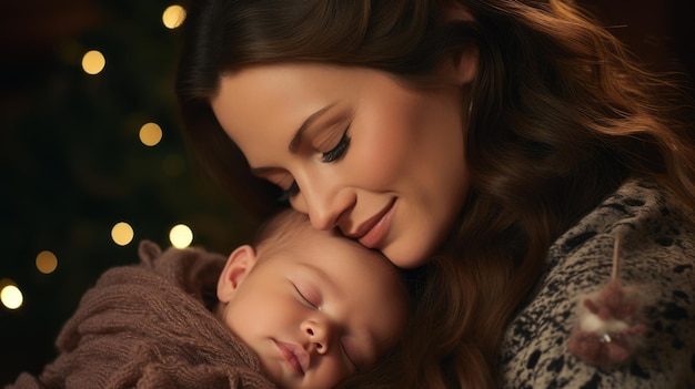 a woman is holding her baby in front of a christmas tree