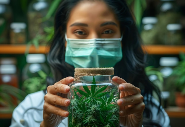 Woman is holding jar of cannabis in her hands