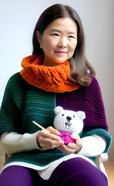A woman is holding a knitted bear and wearing a purple, green, and orange scarf.
