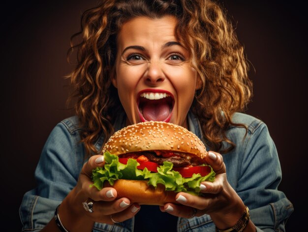 Photo a woman is holding a large hamburger and is smiling