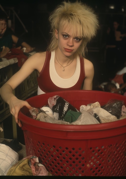 a woman is holding a laundry basket with a red laundry basket.