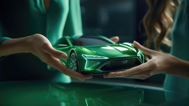 녹색 자동차 모델을 들고 있는 여성 전기 및 aco 자동차 개념 Generative AI 기술로 생성
