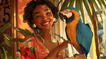 Photo a woman is holding a parrot and a parrot