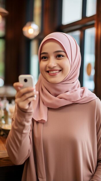 Photo a woman is holding a phone and smiling