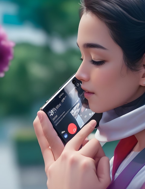 Photo a woman is holding a phone with a red circle on the face.