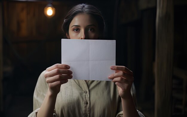 a woman is holding a piece of paper that says  the letter