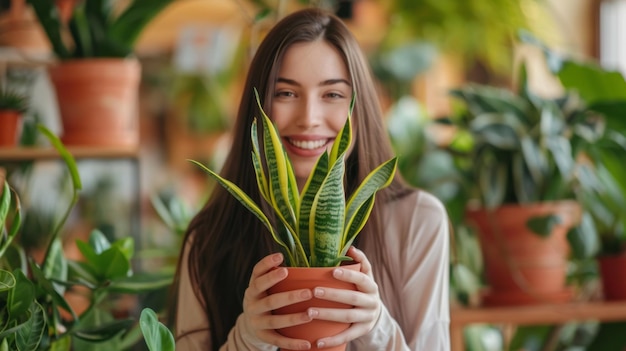 A woman is holding a plant in a pot and smiling