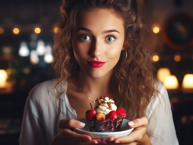 Foto una donna tiene in mano un piatto con un dessert sopra. sorride e guarda la telecamera.