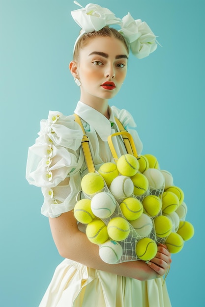 A woman is holding a purse with tennis balls in it