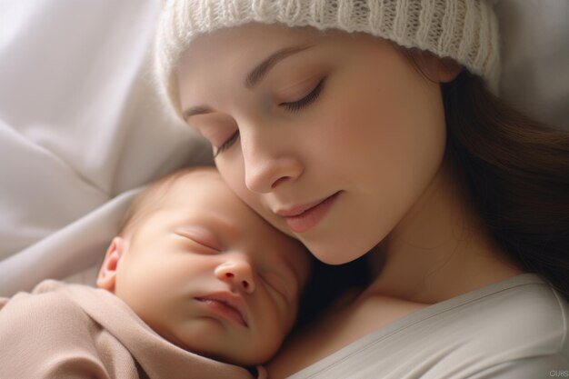 Woman is holding sleeping baby in her arms