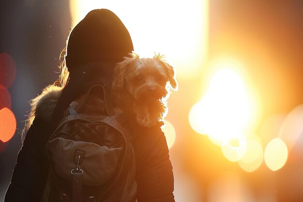 A woman is holding a small dog in her arms while wearing a backpack