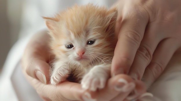 Photo a woman is holding a small orange kitten in the palm of her hand the kitten is looking up at the woman with its big blue eyes