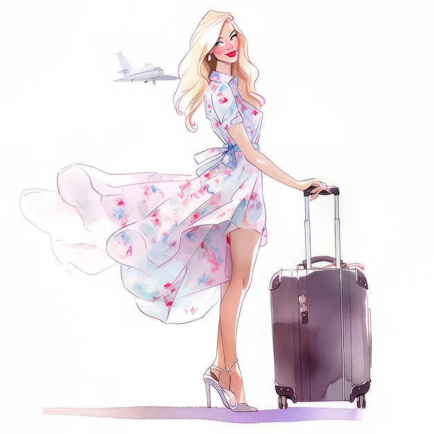 A woman is holding a suitcase and wearing a blue dress with a flower pattern.