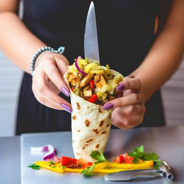 Foto una donna tiene in mano un taco su cui c'è la parola taco.