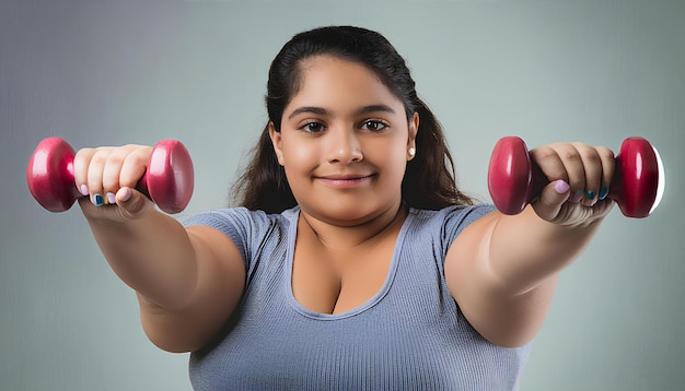 Foto una donna tiene due manubri e sorride