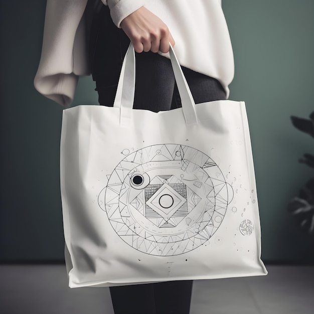 A woman is holding a white bag with a circle on it.