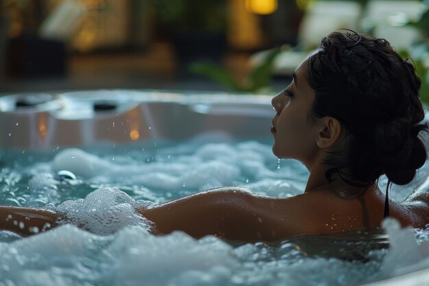 A woman is in a hot tub enjoying the bubbles and the warmth of the water