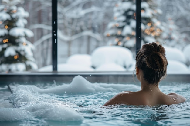 A woman is in a hot tub with snow outside