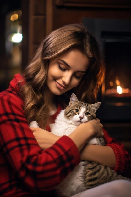 a woman is hugging a cat in front of a fireplace