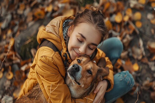 Photo a woman is hugging a dog in a fall forest