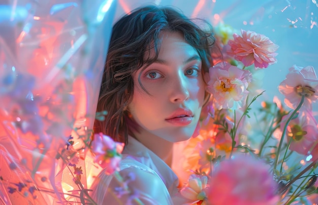 Woman is illuminated amidst a dreamy floral array bathed in a surreal interplay of light and vibrant blossoms