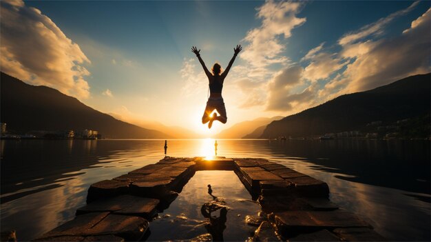 Photo a woman is jumping in the air with her arms up