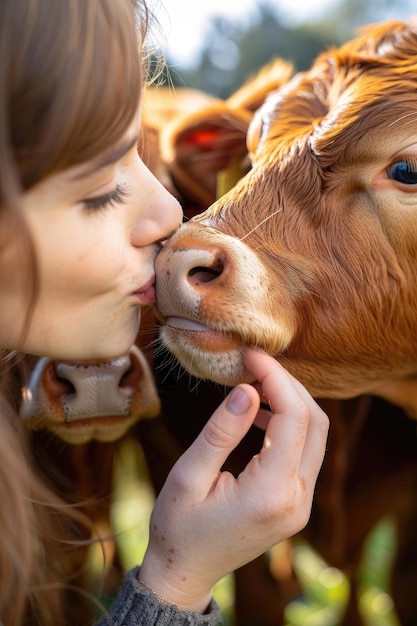 Foto una donna sta baciando il naso di una mucca