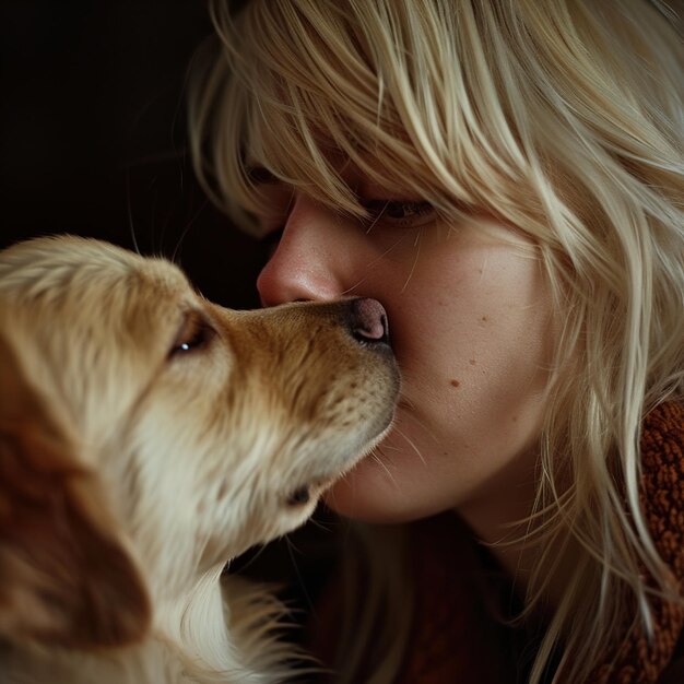 Photo a woman is kissing a dog with a dog on the cheek