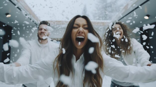 Photo a woman is laughing and blowing bubbles in front of her face