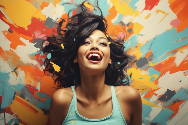 Photo a woman is laughing in front of a colorful background