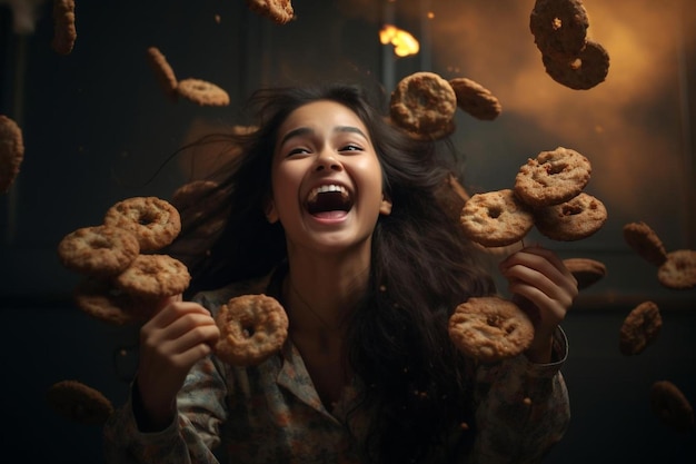 Foto una donna sta ridendo e tiene in mano un mucchio di biscotti.