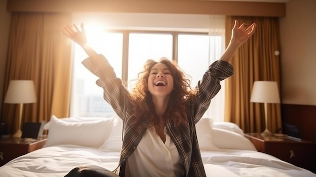 a woman is laughing in a hotel room with her arms open and the sun is shining on her face