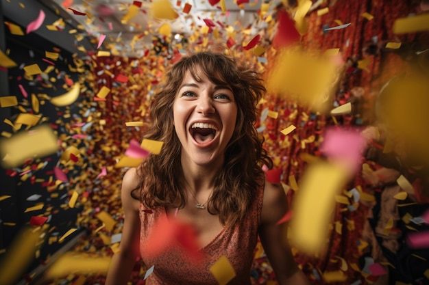 A woman is laughing and laughing with confetti falling from the sky.