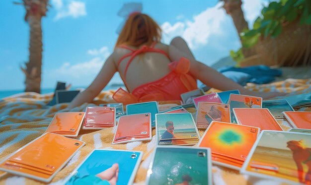 Photo a woman is laying on a beach with a picture of a man and a woman