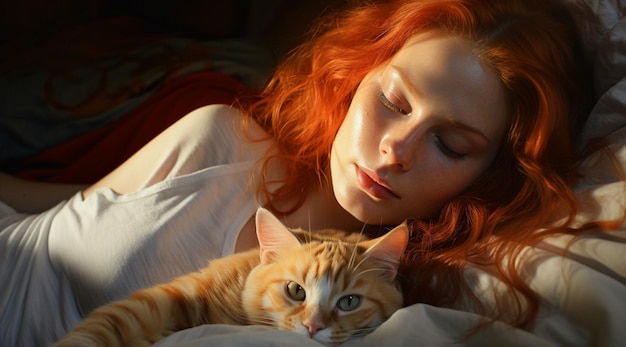 a woman is laying in bed with a cat.