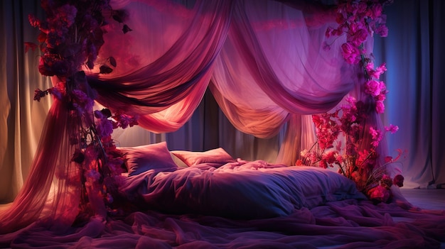 A woman is laying in bed with a curtain that says " the word " on it.