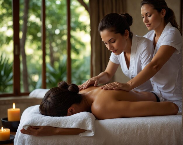 Photo a woman is laying on a bed with a man laying on it