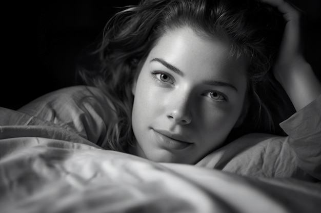 A woman is laying in bed with a white sheet that says " i love you ".