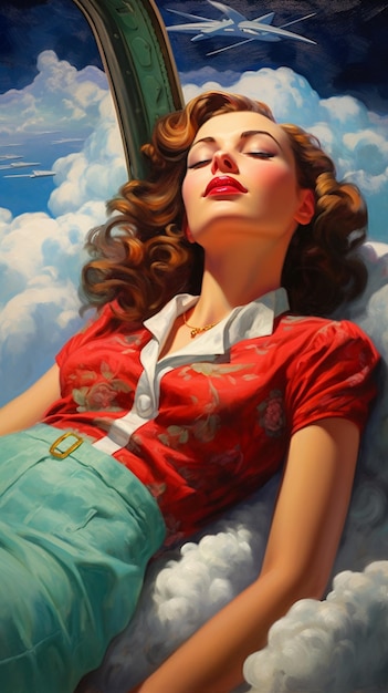 A woman is laying on the clouds with her eyes closed.