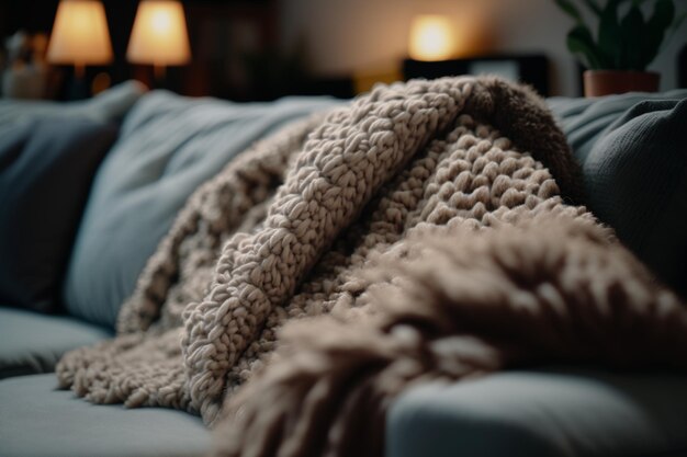 A woman is laying on a couch with a blanket on it