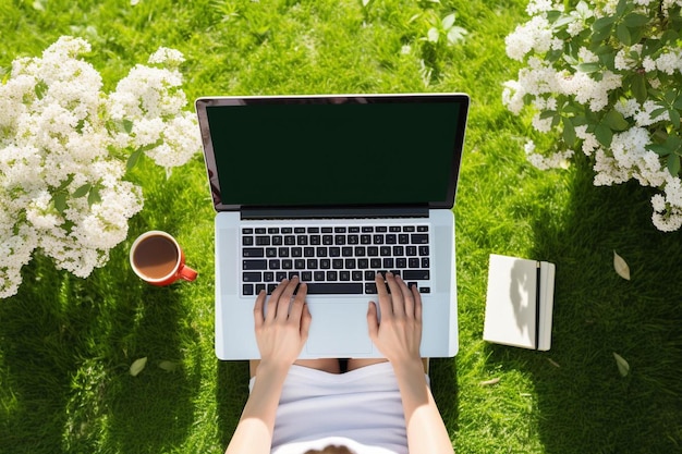 Photo a woman is laying on the grass with her laptop