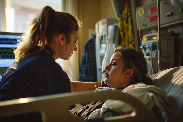 A woman is laying in a hospital bed with a nurse standing next to her