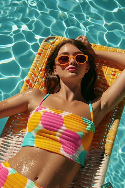 A woman is laying on a pool chair in a pool