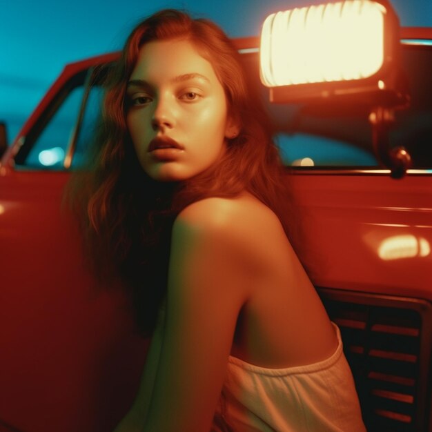 a woman is leaning against a red car with the word " on it.